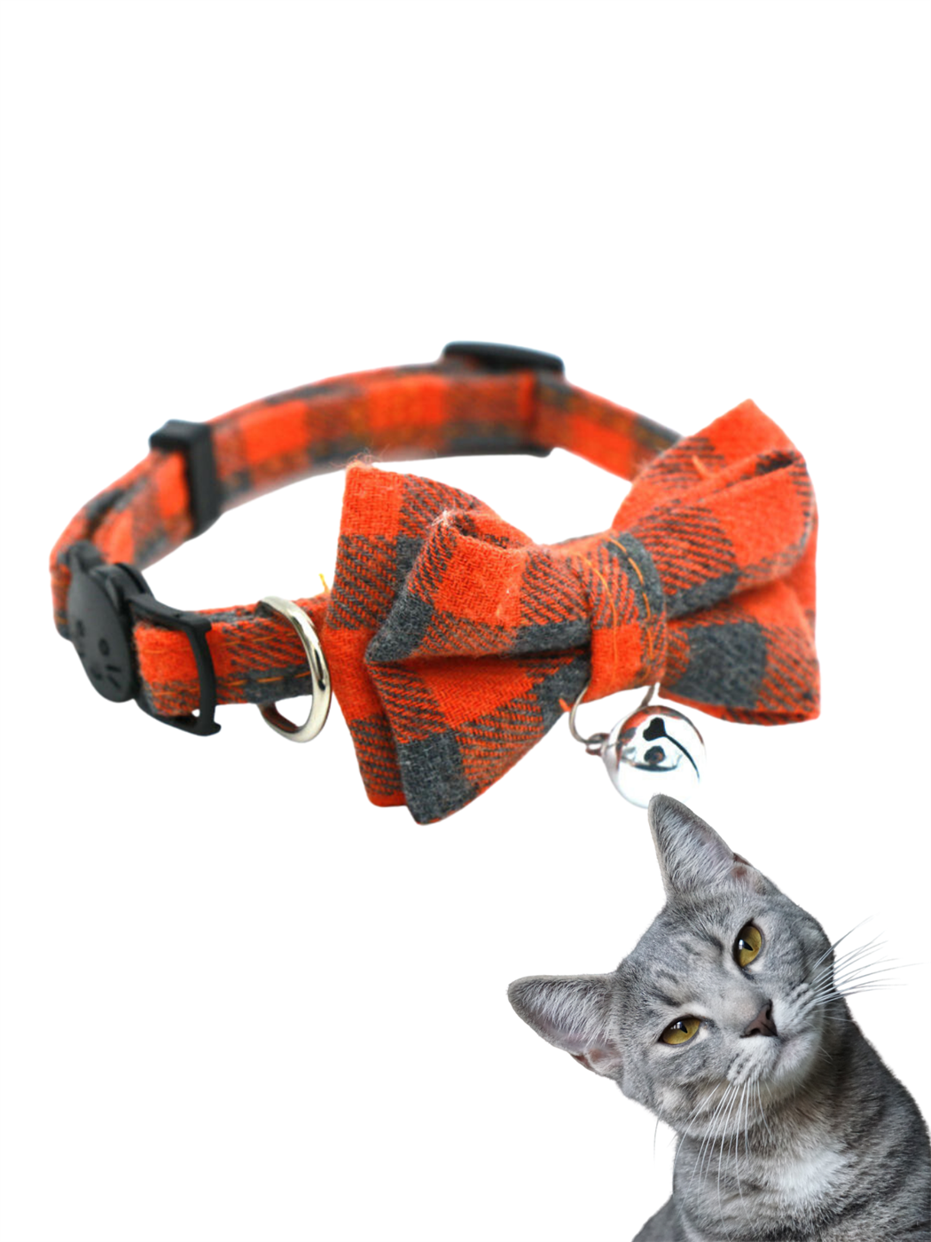 Kedi boyun tasması, kedi papyon,kedi tasması ,turuncu ekose desenli, lüx kumaş, medium