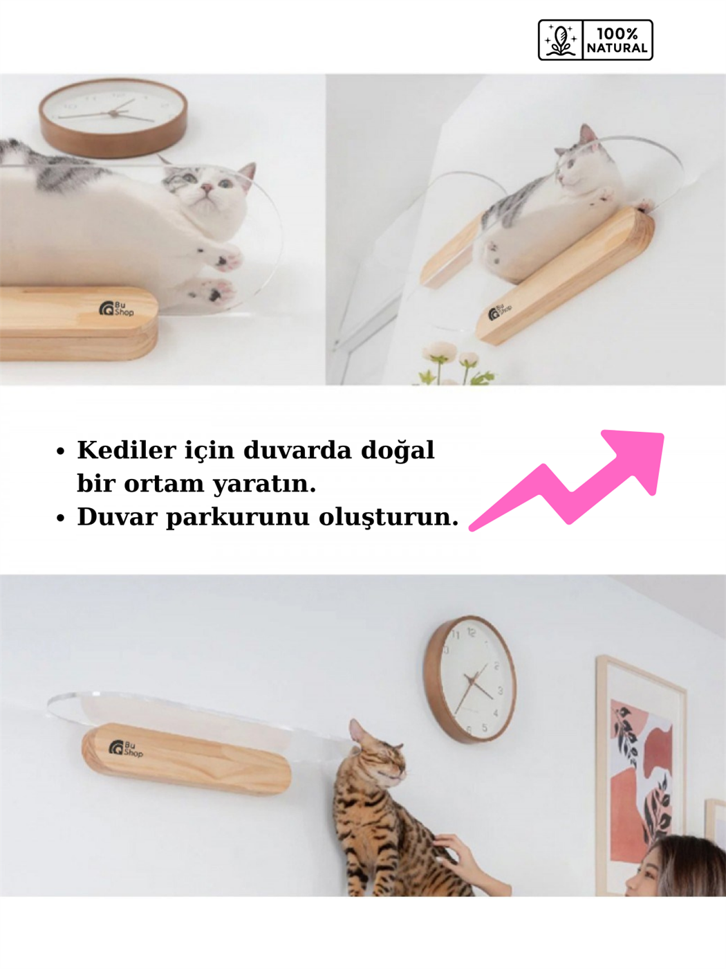Modern Şeffaf Kedi duvar rafı BuShop Kedi atlama platrofmu   Ahşap Doğal Tasarım Salpa 20x60cm