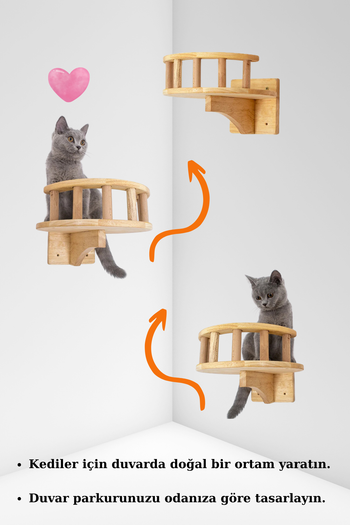Kedi duvar yatağı Kedi duvar parkuru Kedi duvar rafı Kedi duvar oyun alanı Patiyol 3 parça Hadrian Series