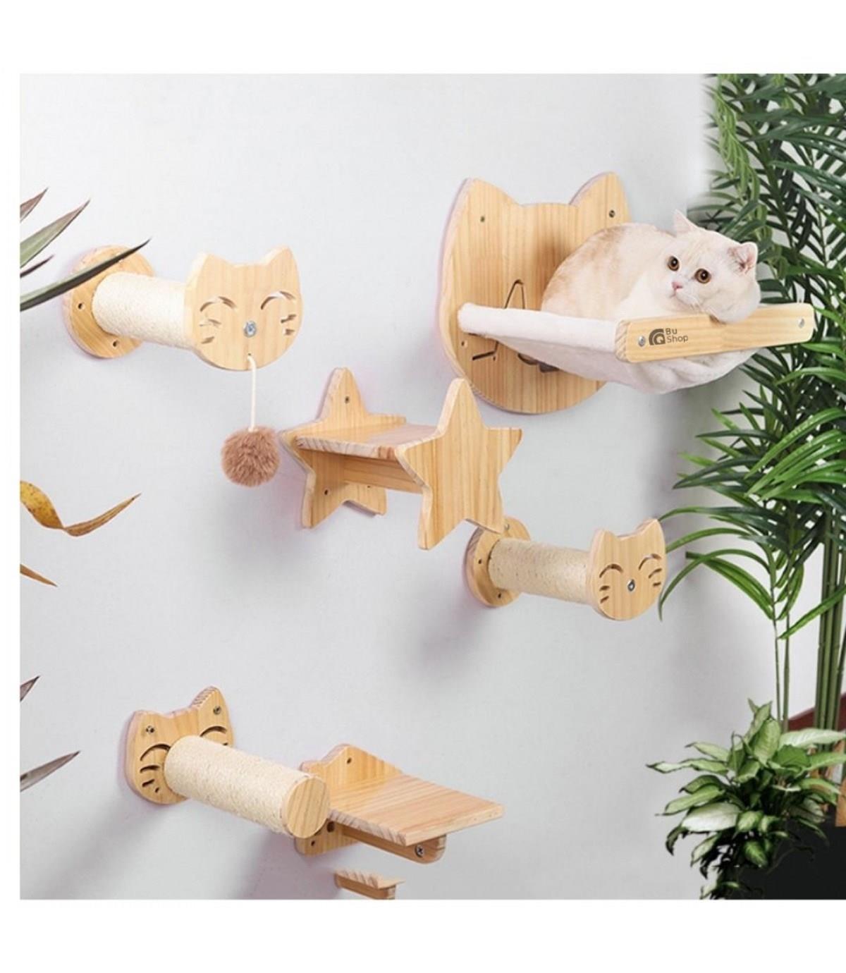 Kedi duvar hamağı, Kedi duvar parkuru, Kedi duvar yatağı, Kedi Duvar Evi, Kedi duvar merdiveni, Kedi duvar tırmalama,  4 parça muhteşem ahşap set , Bushop Tom Serisi