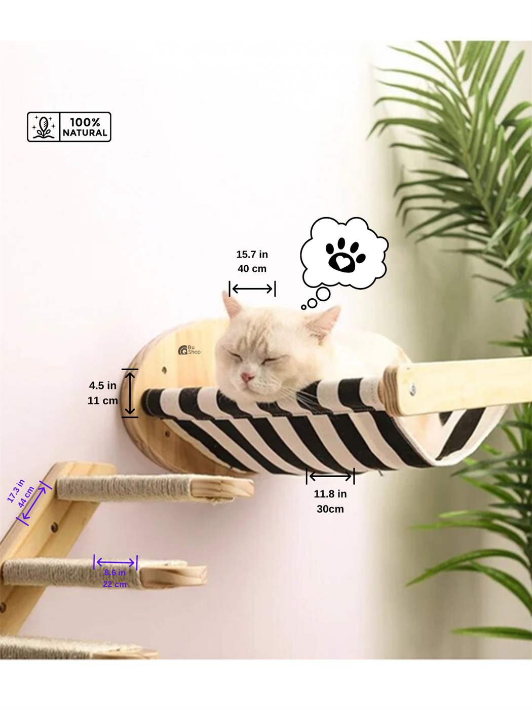 Kedi Hamağı Bezli Duvara Monte BuShop Balkonlu ve Doğal Kedi Merdiveni 7 Lİ  Lüx Ahşap Set Bushop Casual modeli