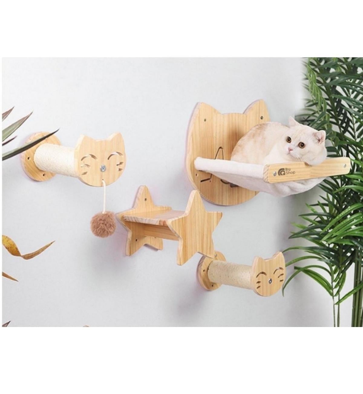 Kedi duvar hamağı, Kedi duvar parkuru, Kedi duvar yatağı, Kedi Duvar Evi, Kedi duvar merdiveni, Kedi duvar tırmalama,  4 parça muhteşem ahşap set , Bushop Tom Serisi