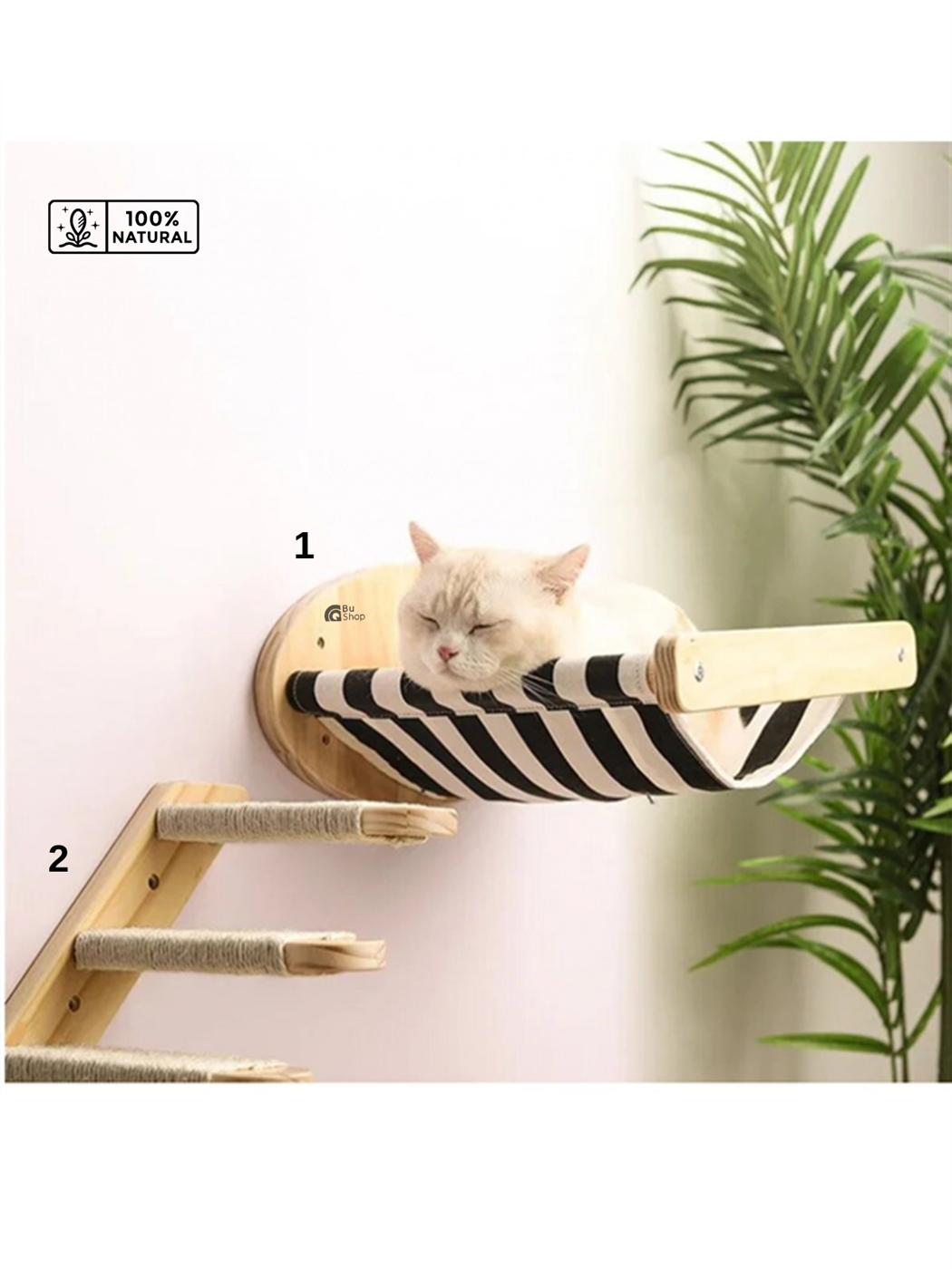 Kedi Hamağı Bezli Duvara Monte BuShop Balkonlu ve Doğal Kedi Merdiveni 7 Lİ  Lüx Ahşap Set Bushop Casual modeli