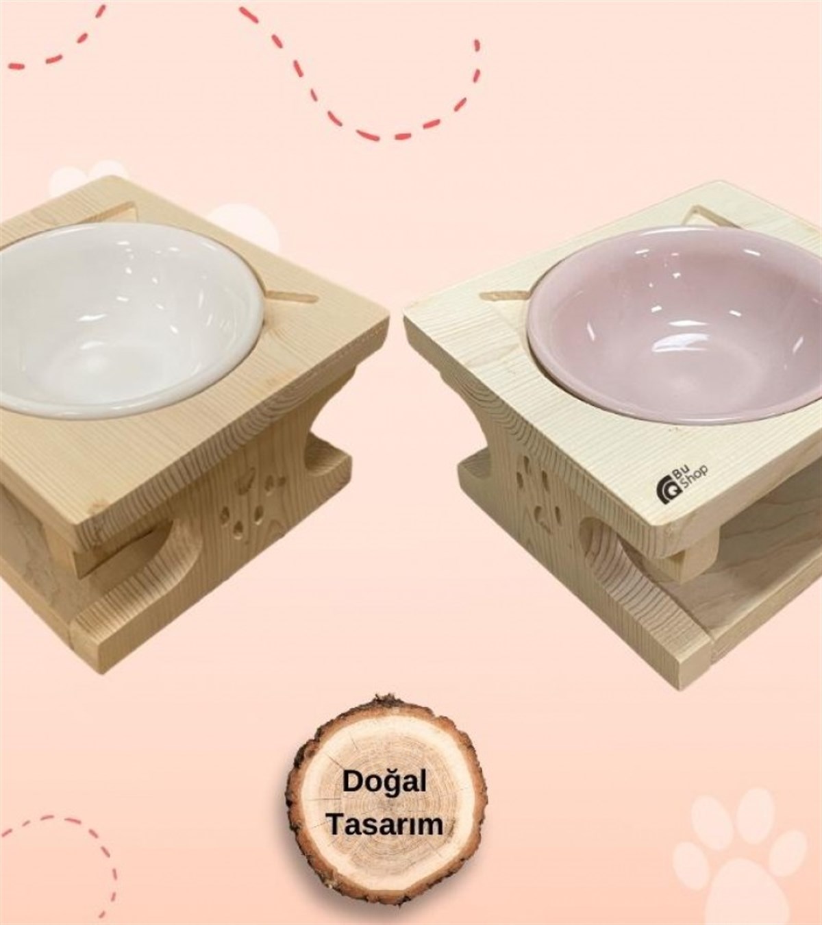 Kedi Köpek Mama Ve Su Kabı-Pembe Seramik Tek Kase Hediyeli-Gerçek Ham Ahşap-BuShop Katya Preminyum 