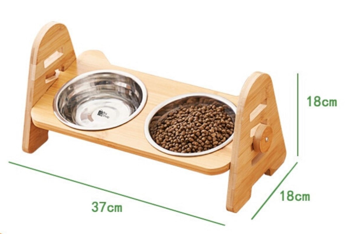 Kedi Köpek Mama Ve Su Kabı-Çelik İki Adet Kase Hediyeli-Gerçek Ahşap-Kayın Renk-BuShop Alfa 