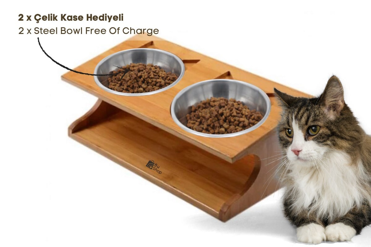 Kedi Köpek Mama Ve Su Kabı-Çelik İki Adet Kase Hediyeli-Kontrplak Ahşap-BuShop Katya