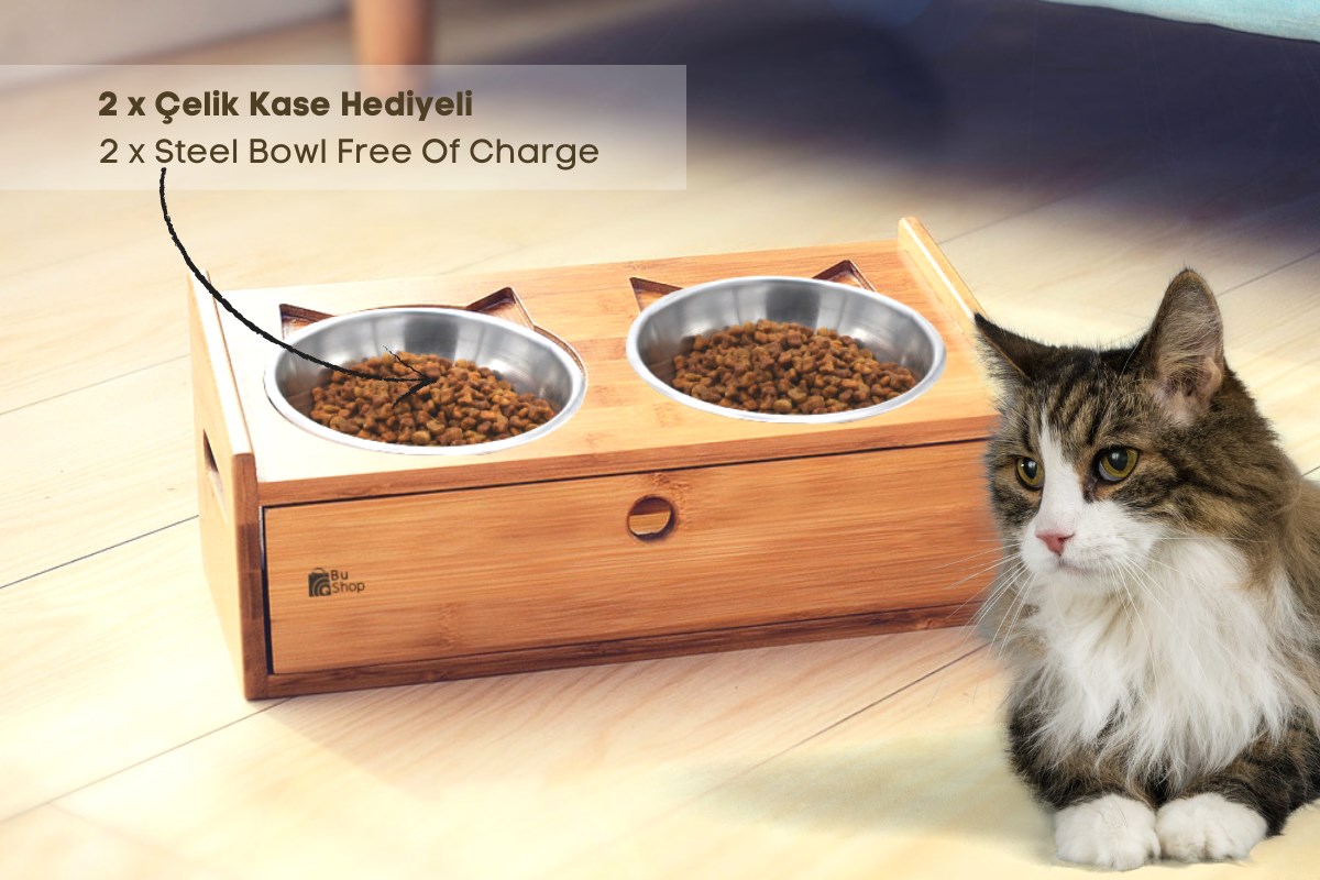 Kedi Köpek Mama Ve Su Kabı-Çelik İki Adet Kase Hediyeli-Gerçek Ahşap-Armut Kiraz-Çekmeceli-BuShop Merlin