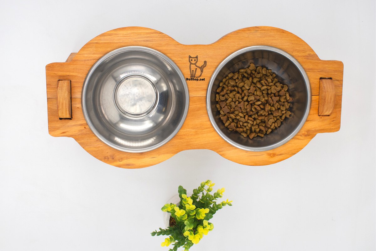 Kedi Köpek Mama Ve Su Kabı-Çelik İki Adet Kase Hediyeli-Gerçek Ahşap-Armut Kiraz-BuShop Mişa