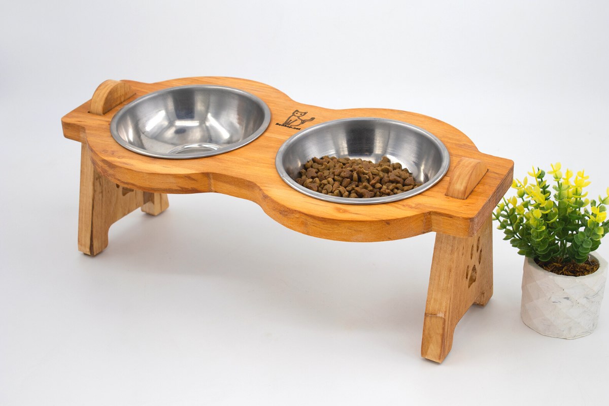 Kedi Köpek Mama Ve Su Kabı-Çelik İki Adet Kase Hediyeli-Gerçek Ahşap-Armut Kiraz-BuShop Mişa