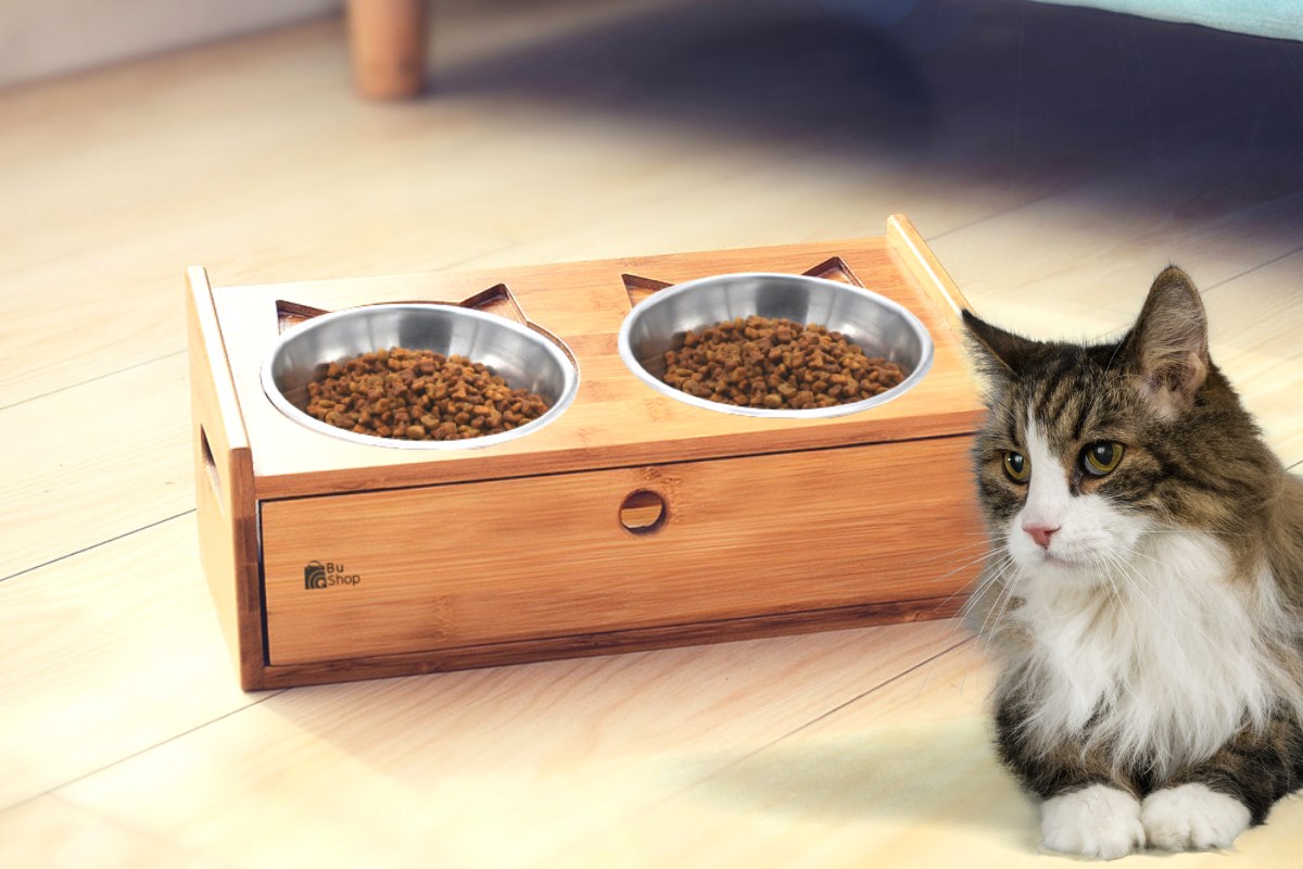 Kedi Köpek Mama Ve Su Kabı-Çelik İki Adet Kase Hediyeli-Gerçek Ahşap-Armut Kiraz-Çekmeceli-BuShop Merlin