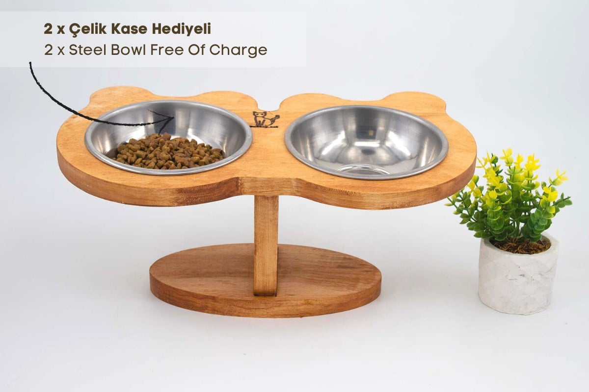 Kedi Köpek Mama Ve Su Kabı-Çelik İki Adet Kase Hediyeli-Gerçek Ahşap-Armut Kiraz-BuShop Boncuk 