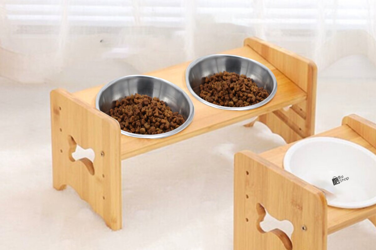 Kedi Köpek Mama Ve Su Kabı-Çelik İki Adet Kase Hediyeli-Gerçek Ahşap-Kayın Renk-BuShop Kemik