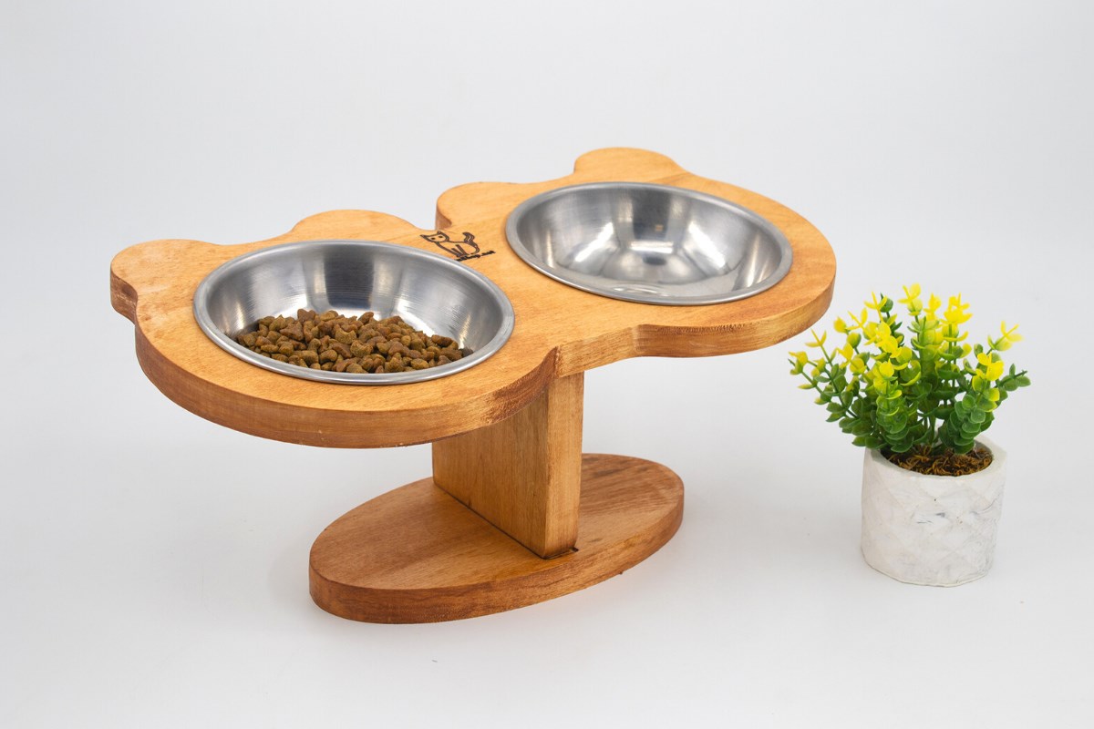 Kedi Köpek Mama Ve Su Kabı-Çelik İki Adet Kase Hediyeli-Gerçek Ahşap-Armut Kiraz-BuShop Boncuk 