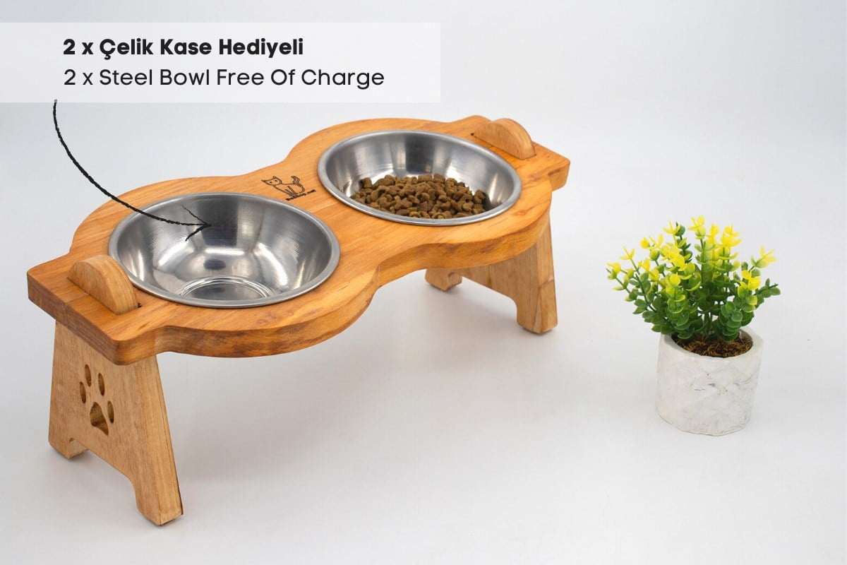 Kedi Köpek Mama Ve Su Kabı-Çelik İki Adet Kase Hediyeli-Gerçek Ahşap-Armut Kiraz-BuShop Mişa