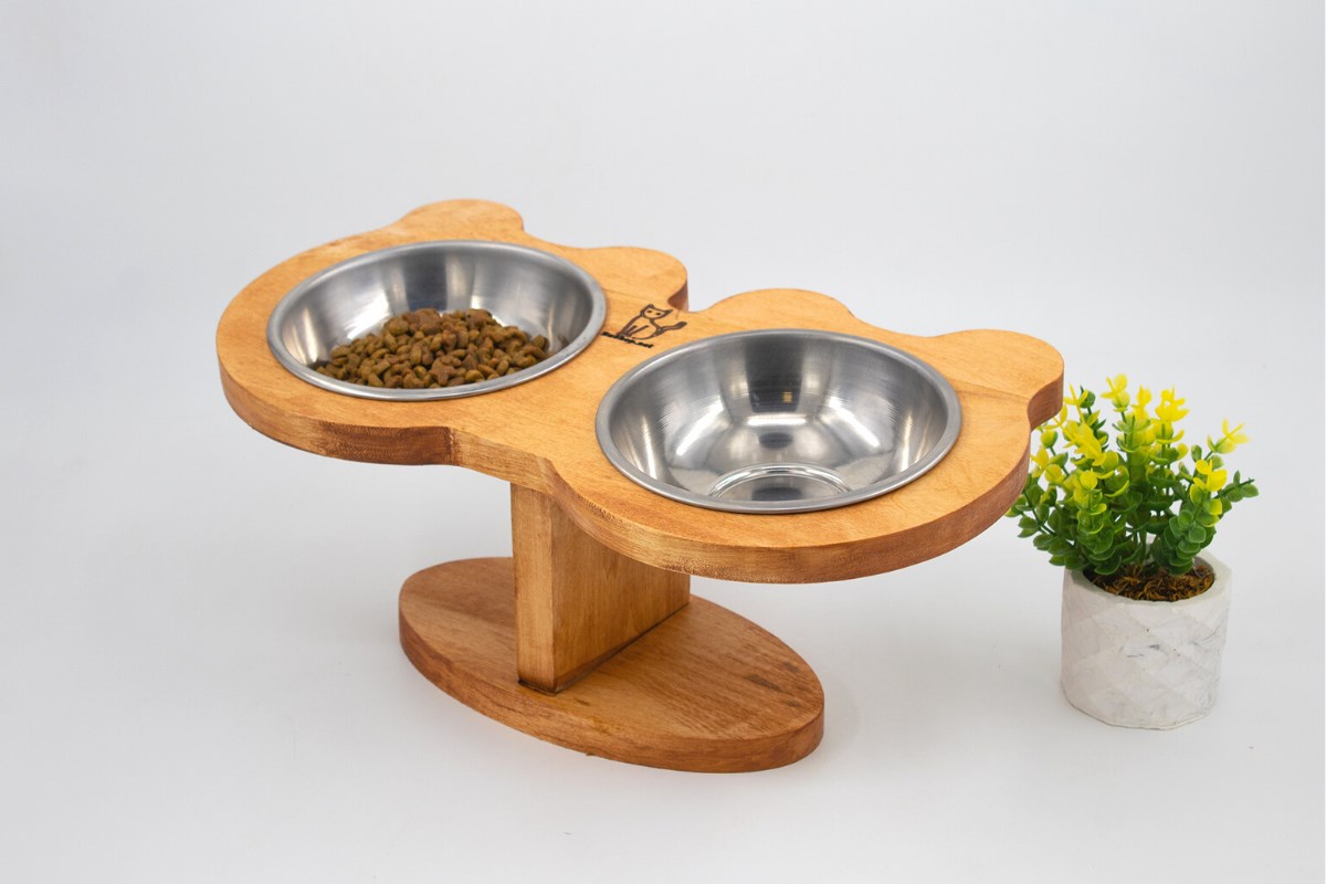 Kedi Köpek Mama Ve Su Kabı-Çelik İki Adet Kase Hediyeli-Gerçek Ahşap-Armut Kiraz-BuShop Boncuk 