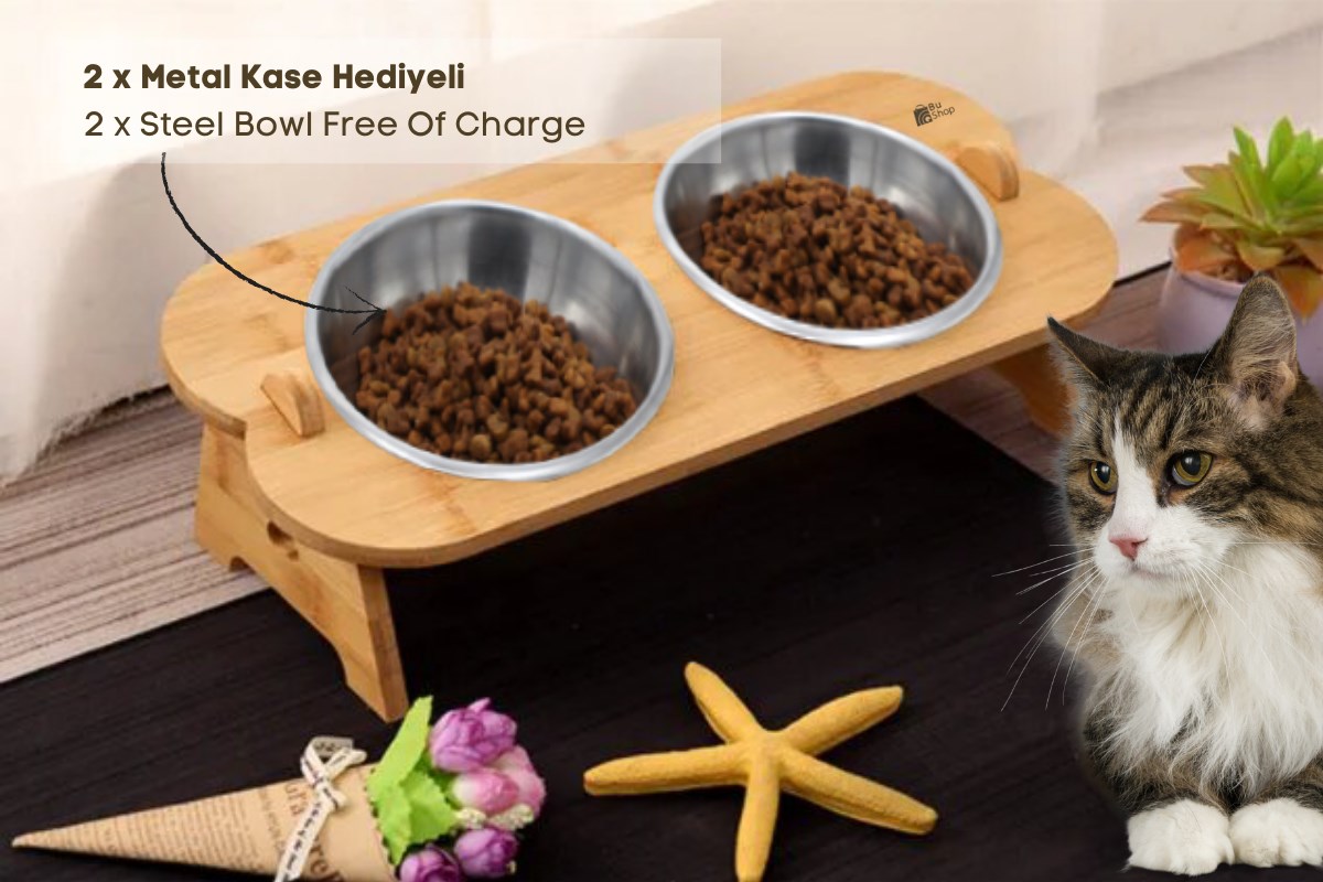 Kedi Köpek Mama Ve Su Kabı-Çelik İki Adet Kase Hediyeli-Gerçek Ahşap-Kayın Renk-BuShop Shell 