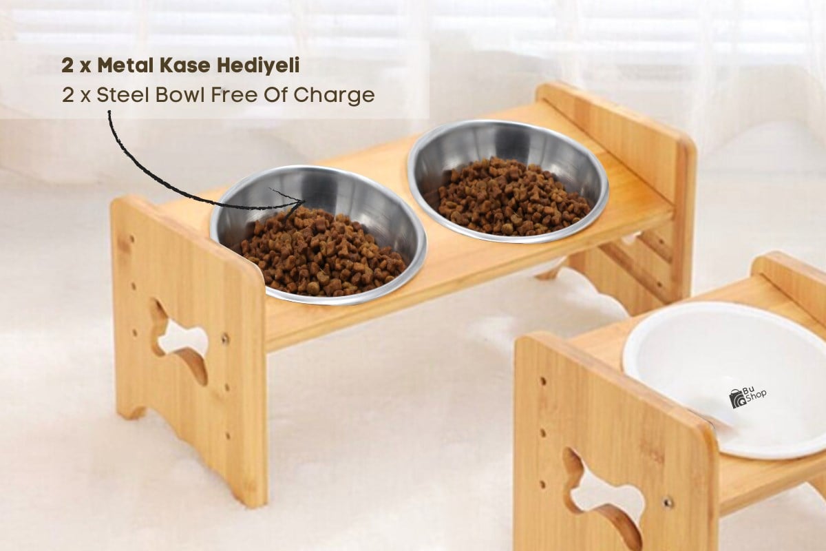 Kedi Köpek Mama Ve Su Kabı-Çelik İki Adet Kase Hediyeli-Gerçek Ahşap-Kayın Renk-BuShop Kemik
