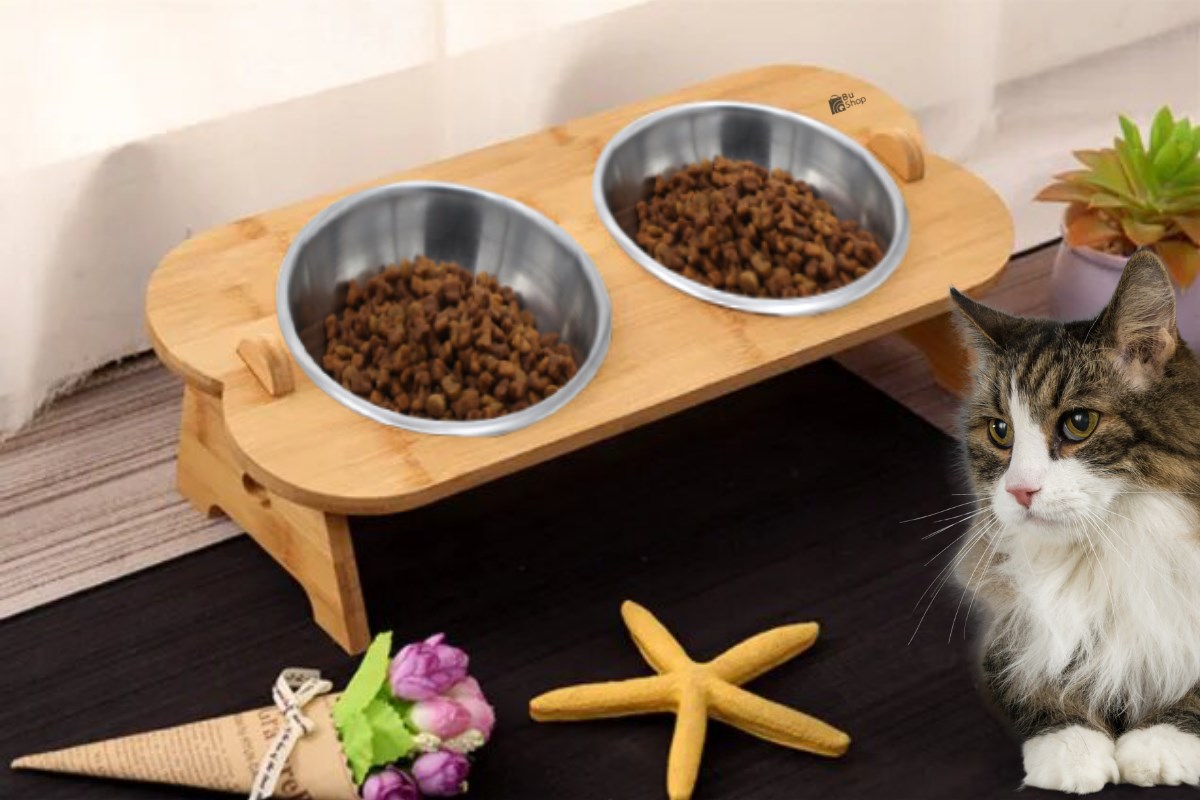 Kedi Köpek Mama Ve Su Kabı-Çelik İki Adet Kase Hediyeli-Gerçek Ahşap-Kayın Renk-BuShop Shell 