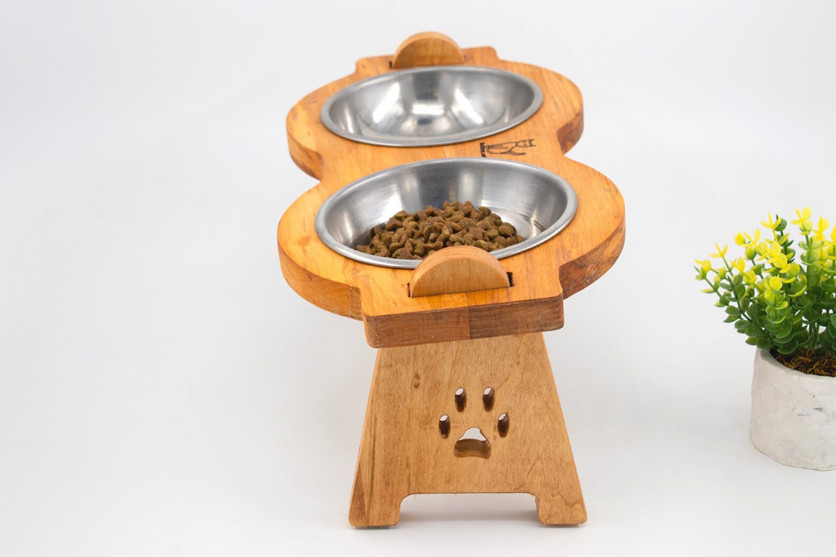 Kedi Köpek Mama Ve Su Kabı-Çelik İki Adet Kase Hediyeli-Gerçek Ahşap-Armut Kiraz-BuShop Mişa