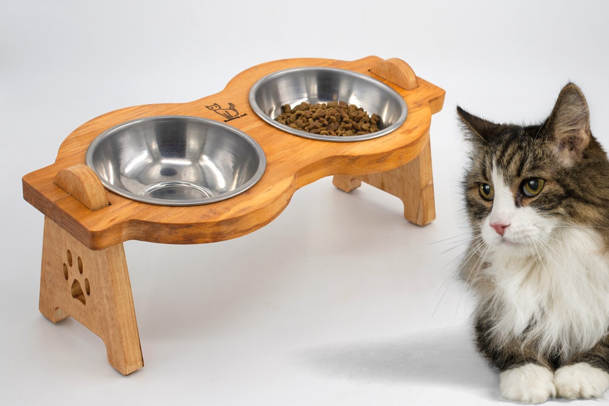 Kedi Köpek Mama Ve Su Kabı-Çelik İki Adet Kase Hediyeli-Gerçek Ahşap-Armut Kiraz-BuShop Mişa