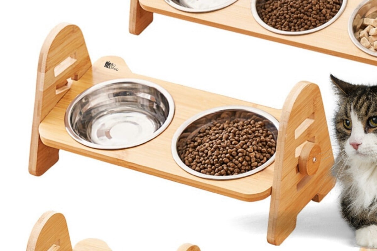 Kedi Köpek Mama Ve Su Kabı-Çelik İki Adet Kase Hediyeli-Gerçek Ahşap-Kayın Renk-BuShop Alfa 