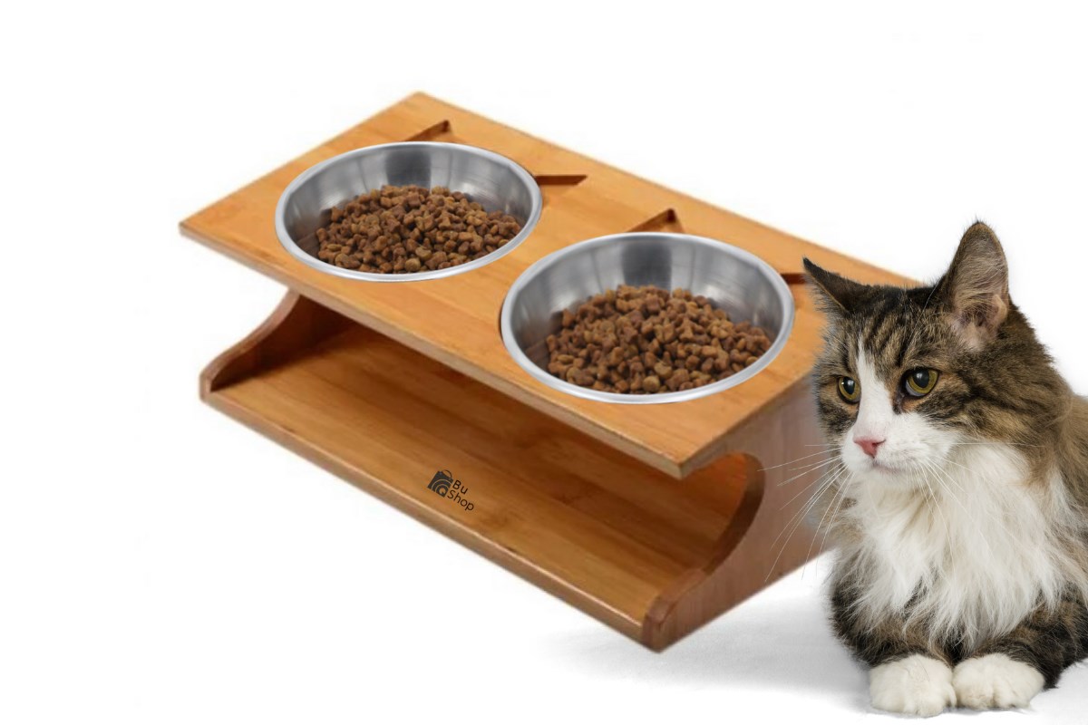 Kedi Köpek Mama Ve Su Kabı-Çelik İki Adet Kase Hediyeli-Kontrplak Ahşap-BuShop Katya