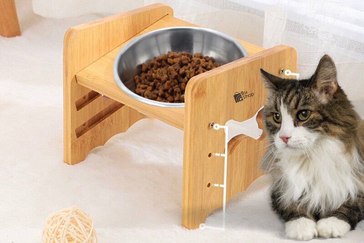 Kedi Köpek Mama Ve Su Kabı-Çelik Tek Adet Kase Hediyeli-Gerçek Ahşap-Kayın Renk-BuShop Kemik