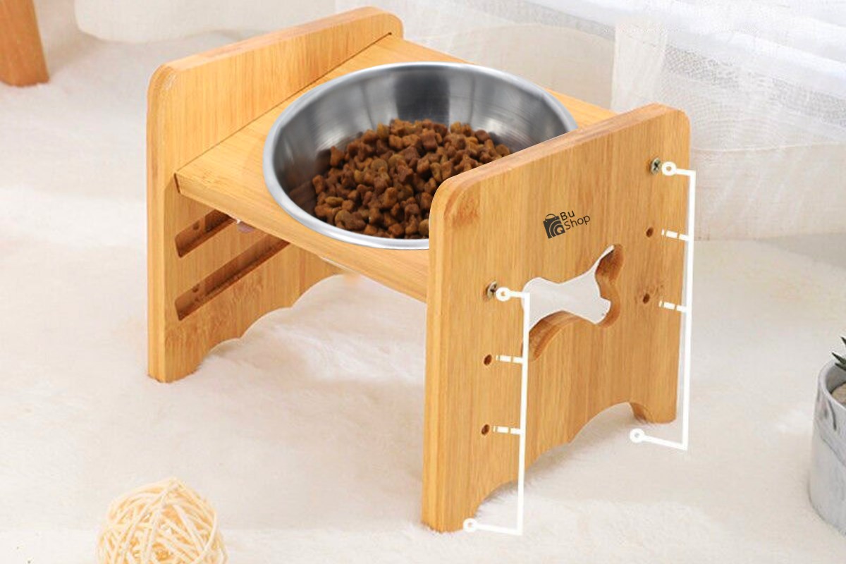 Kedi Köpek Mama Ve Su Kabı-Çelik Tek Adet Kase Hediyeli-Gerçek Ahşap-Kayın Renk-BuShop Kemik