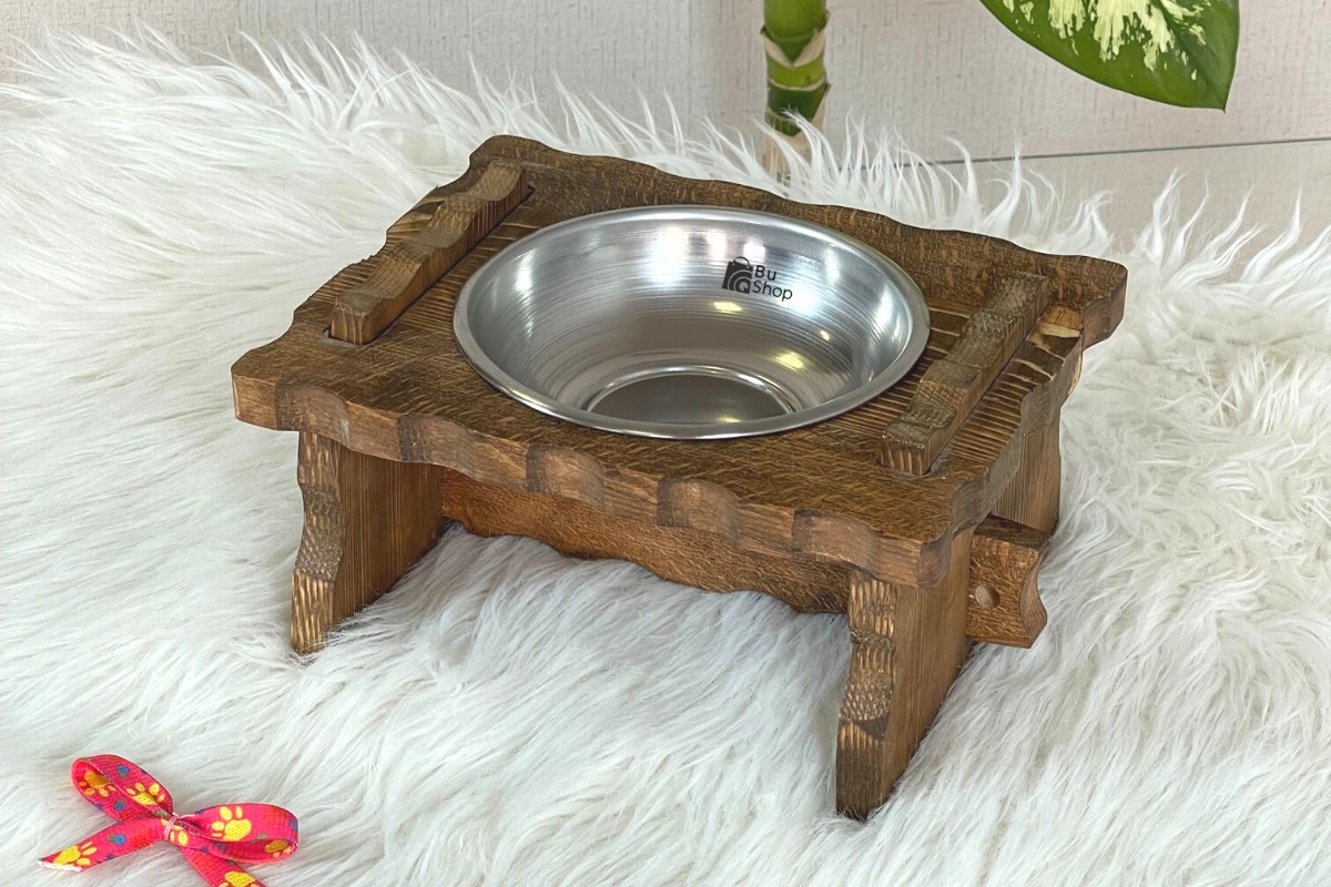 Kedi Köpek Mama Ve Su Kabı-Çelik Tek Adet Kase Hediyeli-Gerçek Ahşap-Latin Ceviz-BuShop Enrico 