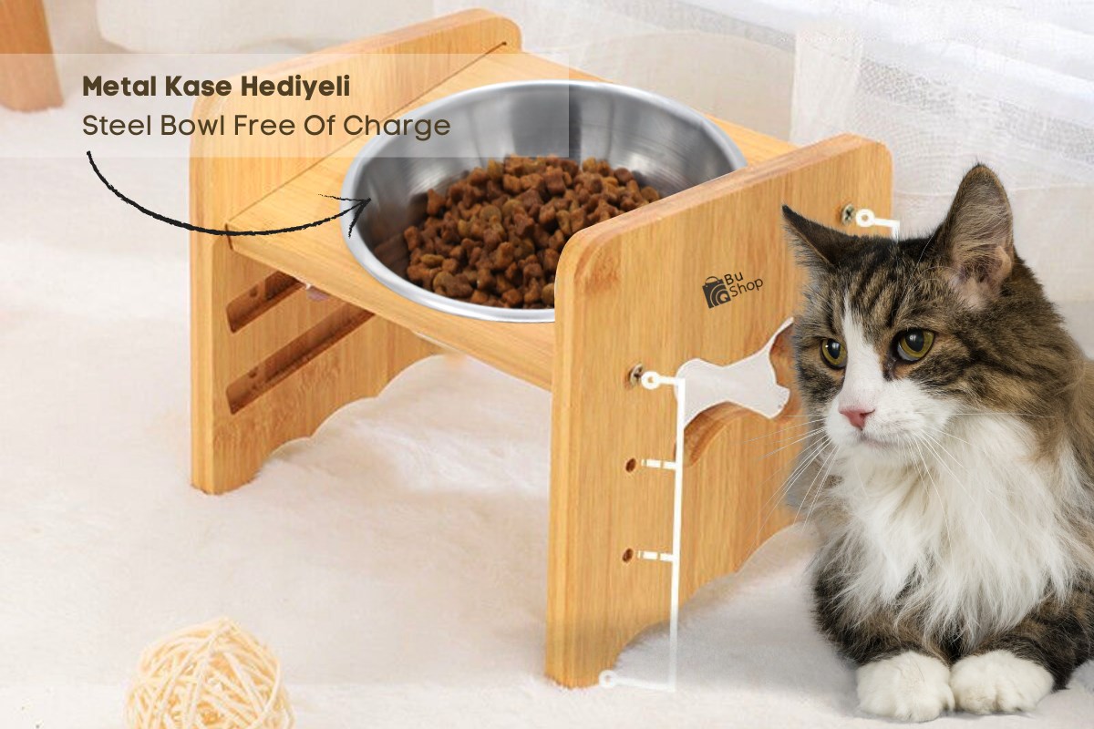 Kedi Köpek Mama Ve Su Kabı-Çelik Tek Adet Kase Hediyeli-Gerçek Ahşap-Kayın Renk-BuShop Kemik