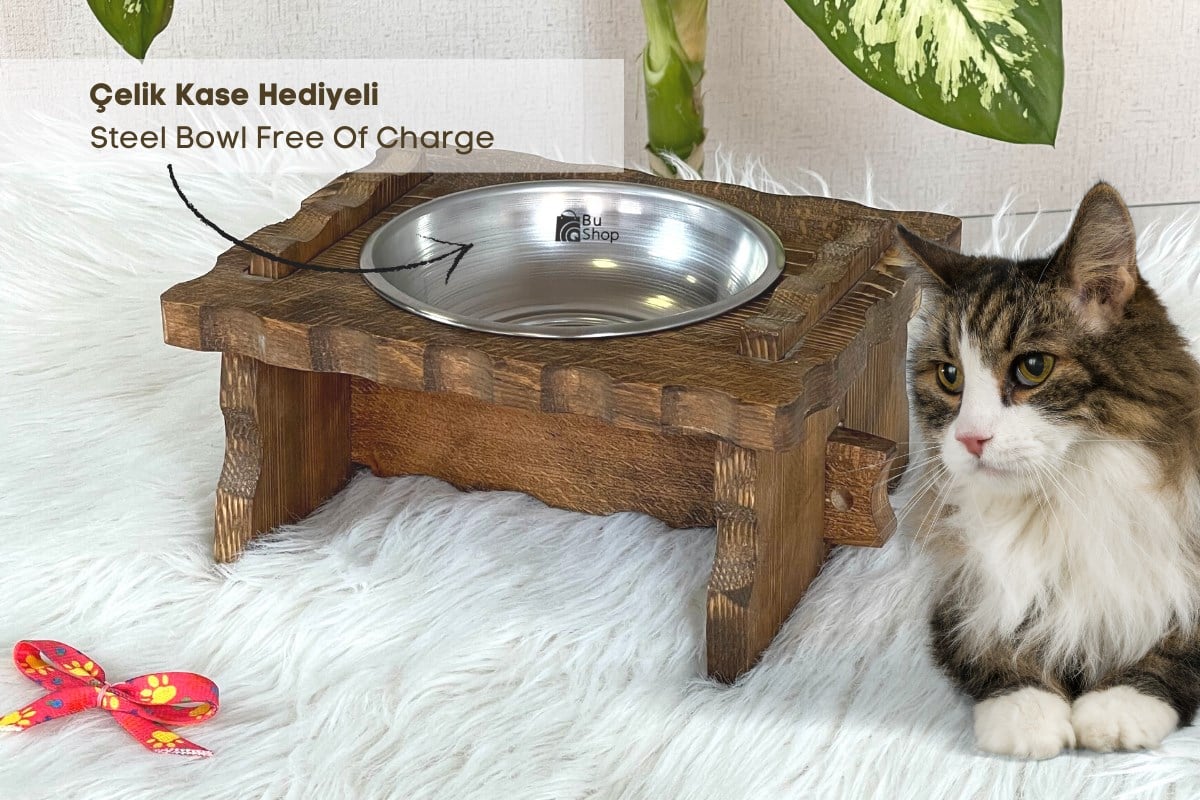 Kedi Köpek Mama Ve Su Kabı-Çelik Tek Adet Kase Hediyeli-Gerçek Ahşap-Latin Ceviz-BuShop Enrico 