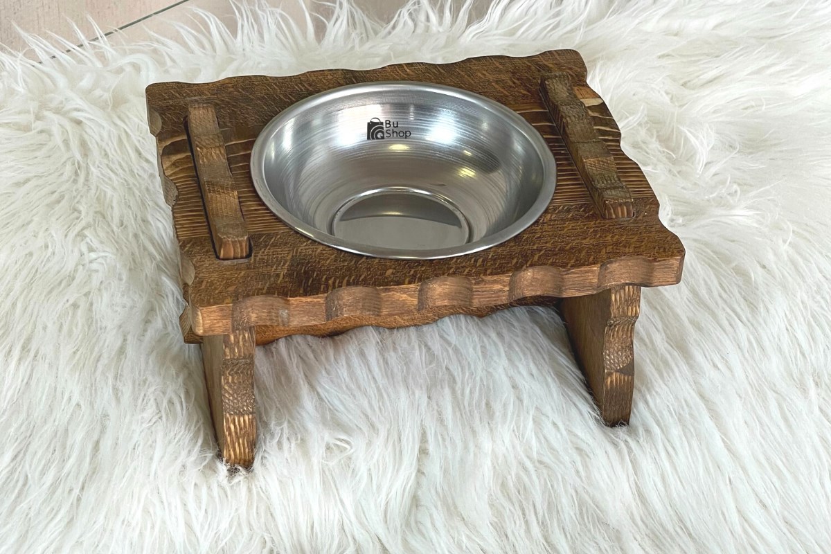 Kedi Köpek Mama Ve Su Kabı-Çelik Tek Adet Kase Hediyeli-Gerçek Ahşap-Latin Ceviz-BuShop Enrico 