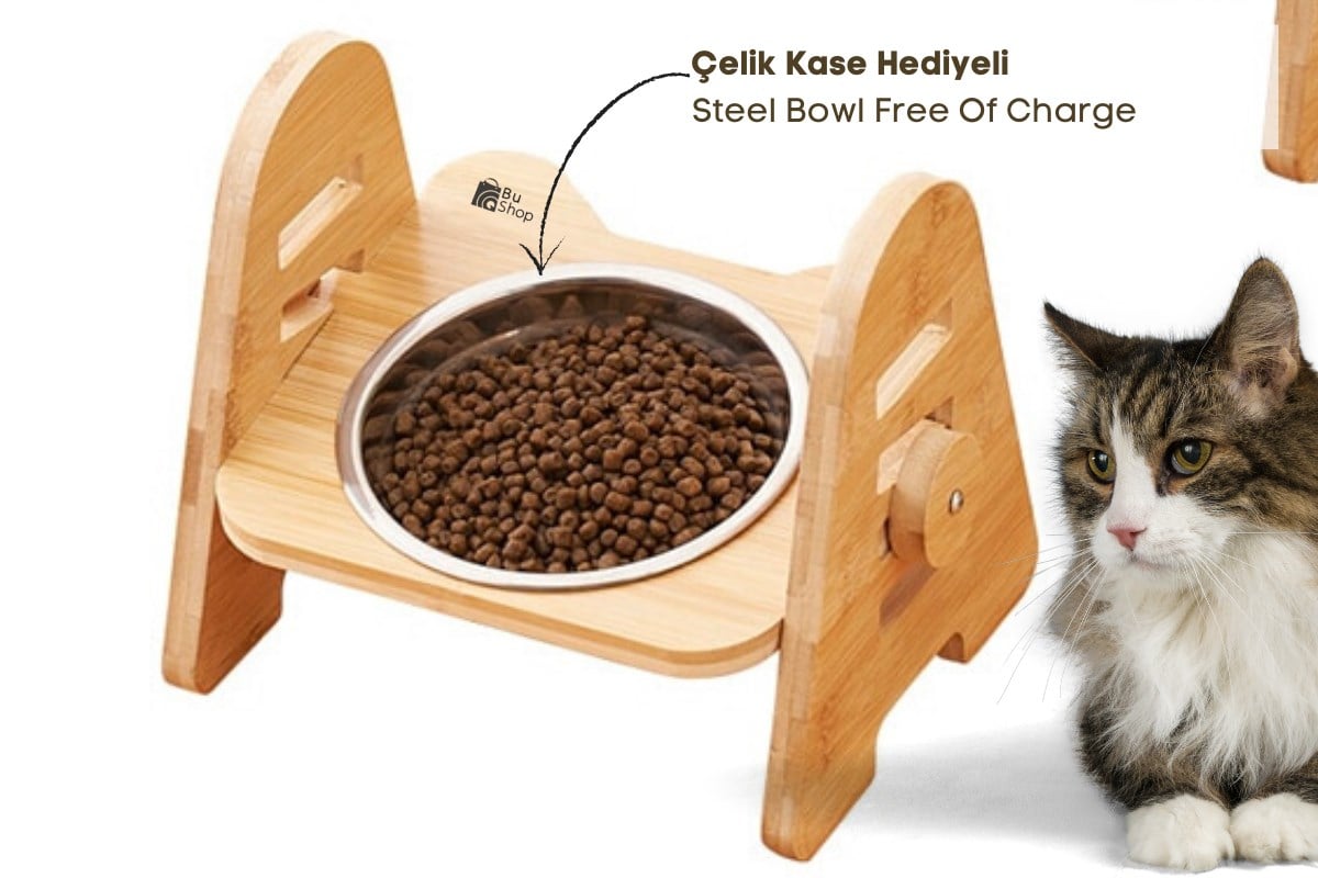 Kedi Köpek Mama Ve Su Kabı-Çelik Tek Adet Kase Hediyeli-Gerçek Ahşap-Kayın Renk-BuShop Alfa 