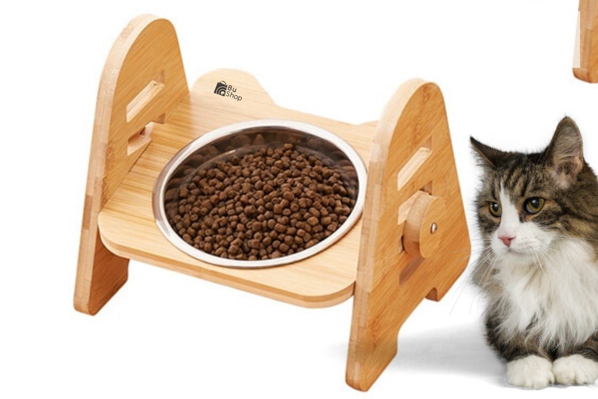 Kedi Köpek Mama Ve Su Kabı-Çelik Tek Adet Kase Hediyeli-Gerçek Ahşap-Kayın Renk-BuShop Alfa 