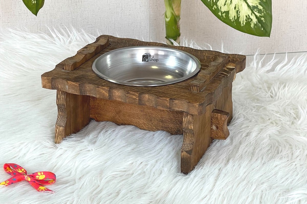Kedi Köpek Mama Ve Su Kabı-Çelik Tek Adet Kase Hediyeli-Gerçek Ahşap-Latin Ceviz-BuShop Enrico 