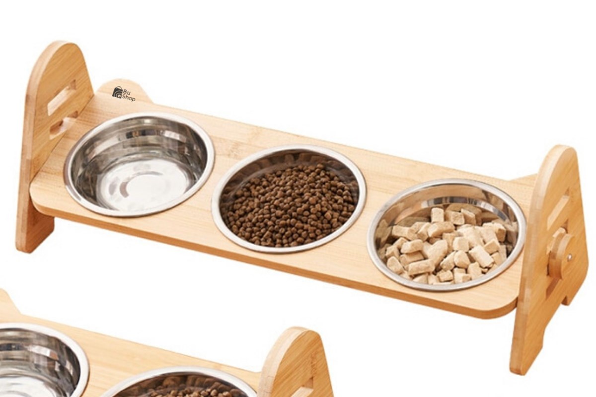 Kedi Köpek Mama Ve Su Kabı-Çelik Üç Adet Kase Hediyeli-Gerçek Ahşap-Kayın Renk-BuShop Alfa