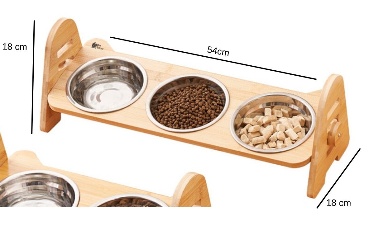 Kedi Köpek Mama Ve Su Kabı-Çelik Üç Adet Kase Hediyeli-Gerçek Ahşap-Kayın Renk-BuShop Alfa