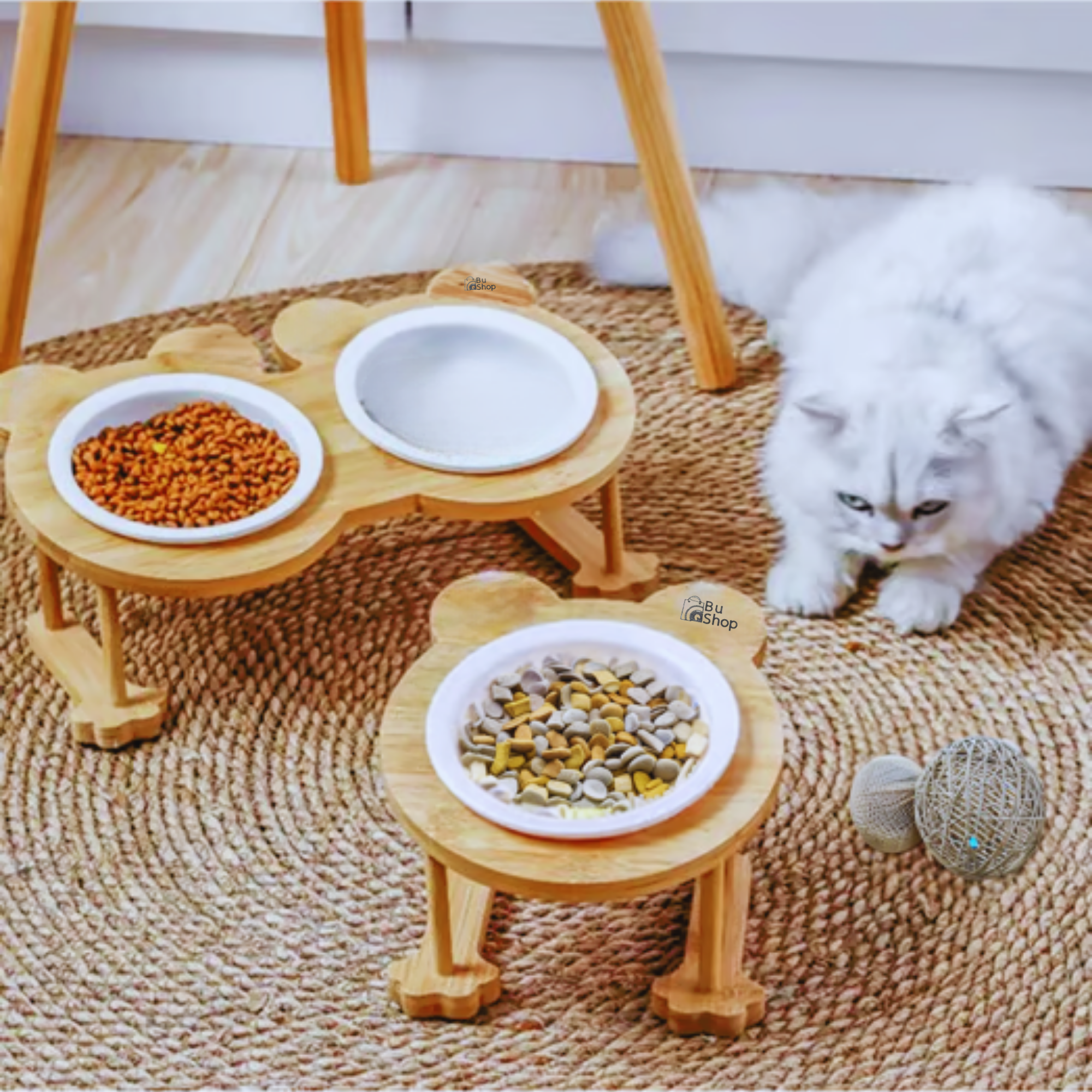 Kedi Köpek Mama Ve Su Kabı  Çift Hazneli BuShop  Estetik Ahşap tasarım  Yüksek Kalite  Zeytin