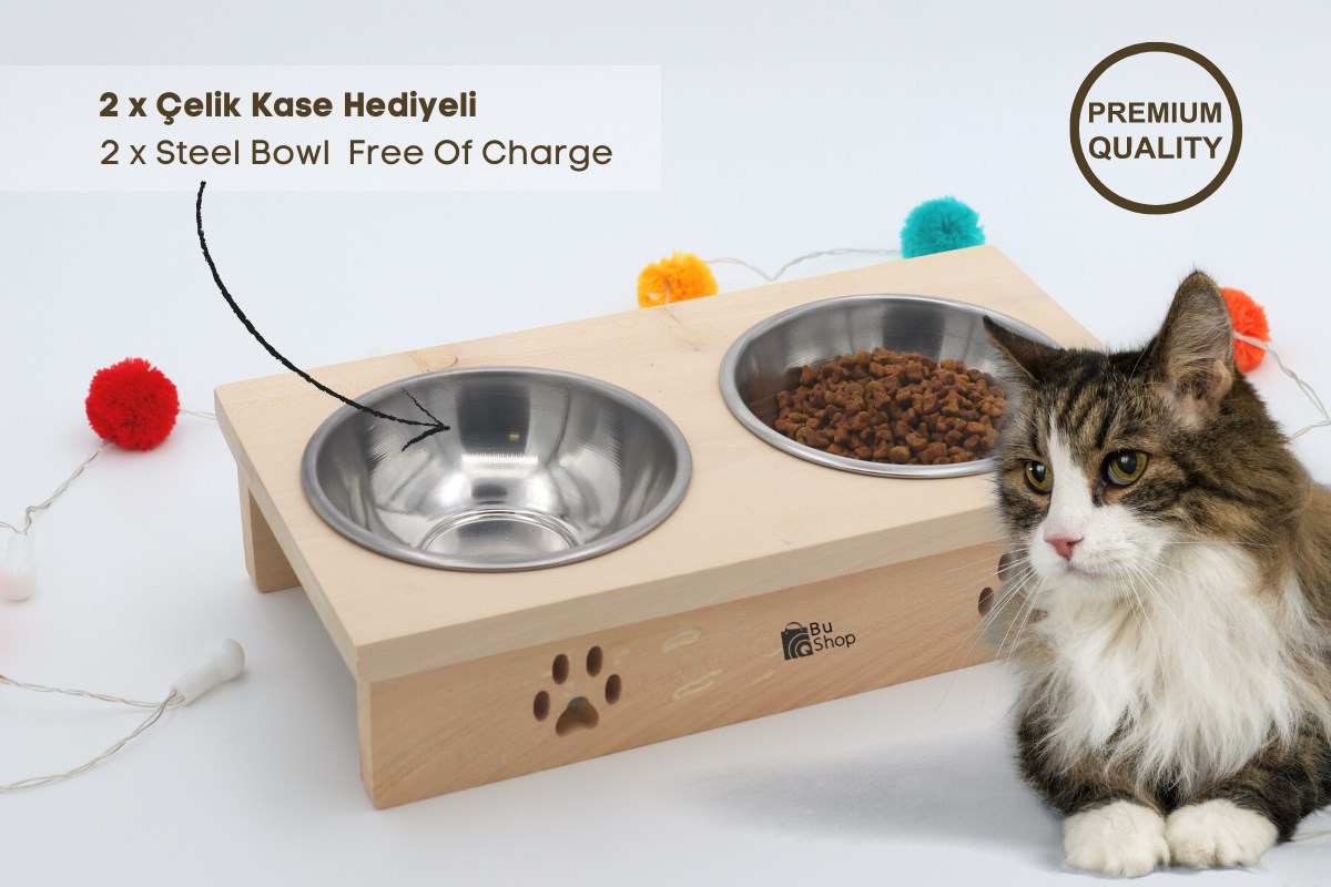 Kedi Köpek Mama Ve Su Kabı-Gerçek Ahşap + Kaliteli Çelik - İki Adet Kase - BuShop Yumak