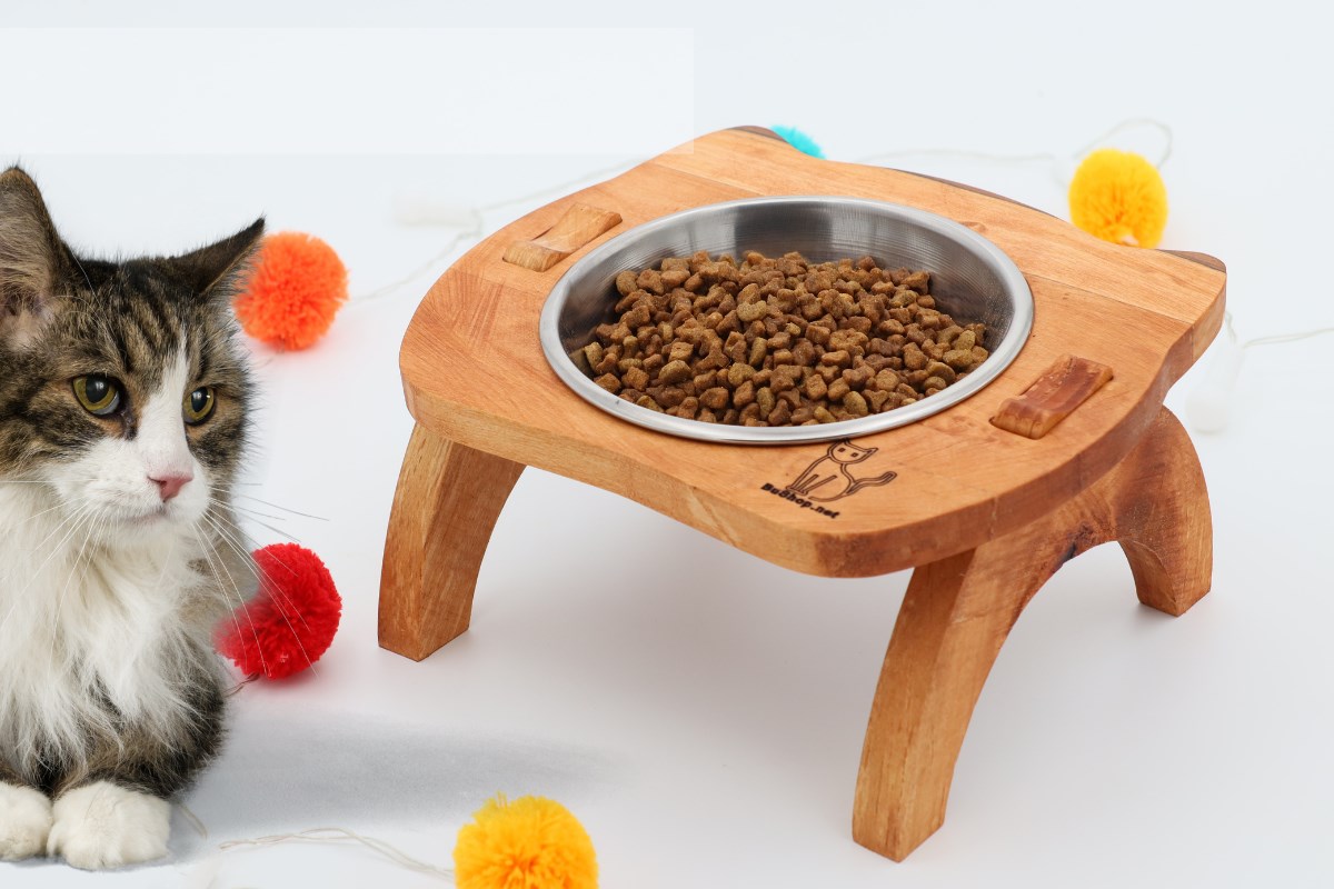 Kedi Köpek Mama Ve Su Kabı-Kaliteli  Çelik Bir Adet Kase Hediyeli-Gerçek Ahşap-Armut Kiraz-BuShop Mızmız 