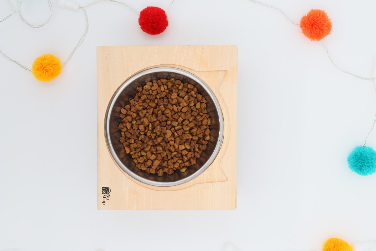 Kedi Köpek Mama Ve Su Kabı-Kaliteli Çelik Tek Kase Hediyeli-Gerçek Ham Ahşap-BuShop Katya 