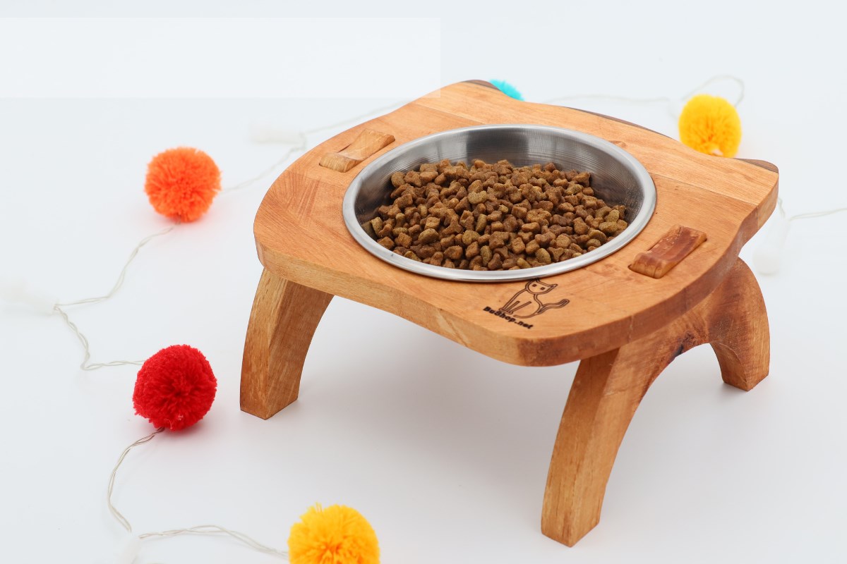 Kedi Köpek Mama Ve Su Kabı-Kaliteli  Çelik Bir Adet Kase Hediyeli-Gerçek Ahşap-Armut Kiraz-BuShop Mızmız 