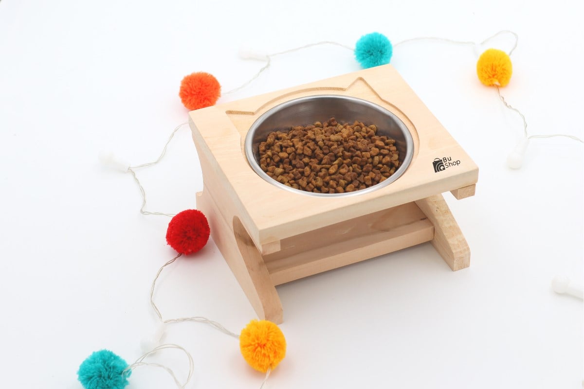 Kedi Köpek Mama Ve Su Kabı-Kaliteli Çelik Tek Kase Hediyeli-Gerçek Ham Ahşap-BuShop Katya 