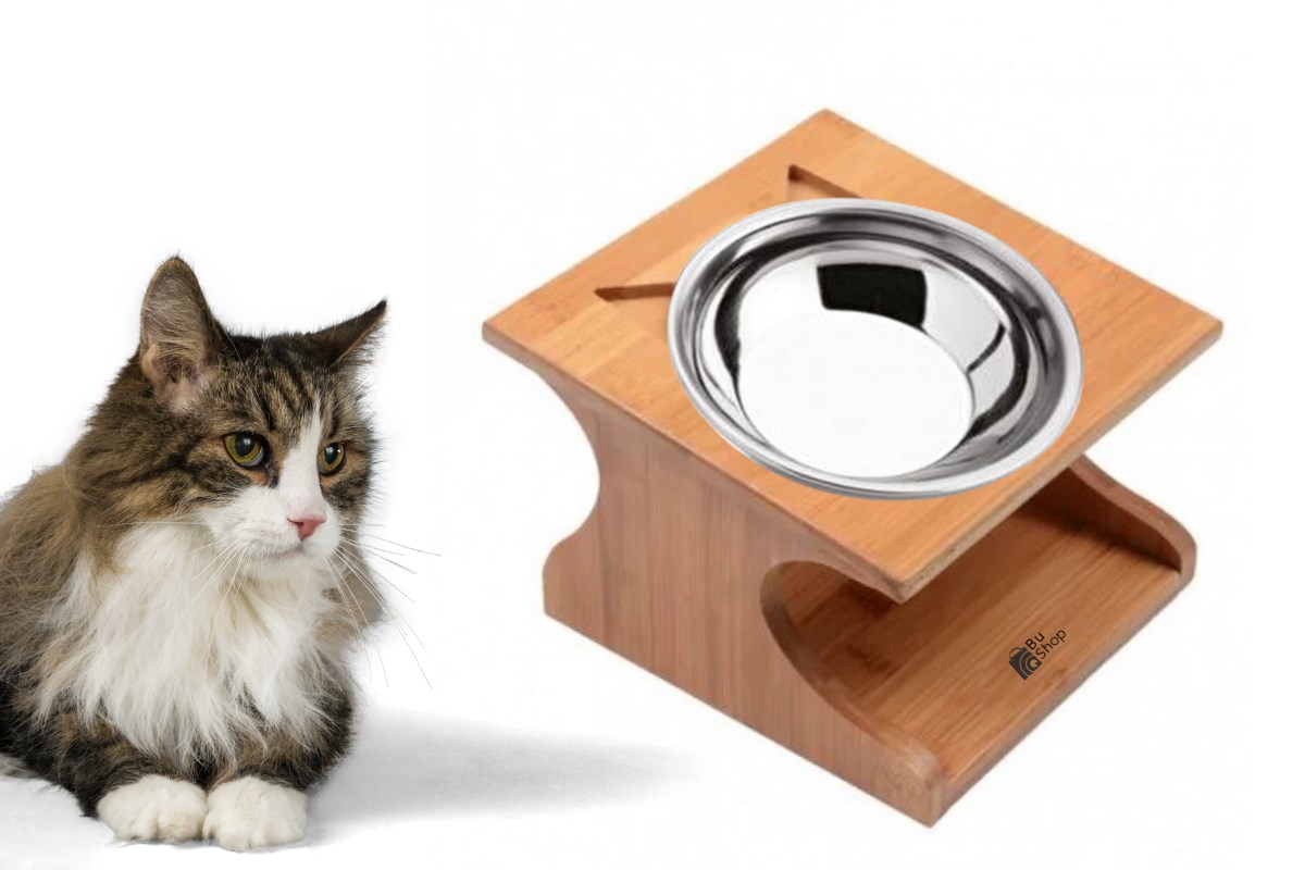 Kedi Köpek Mama ve Su kabı Çelik Tek kase Kontrplak Ahşap BuShop Katya