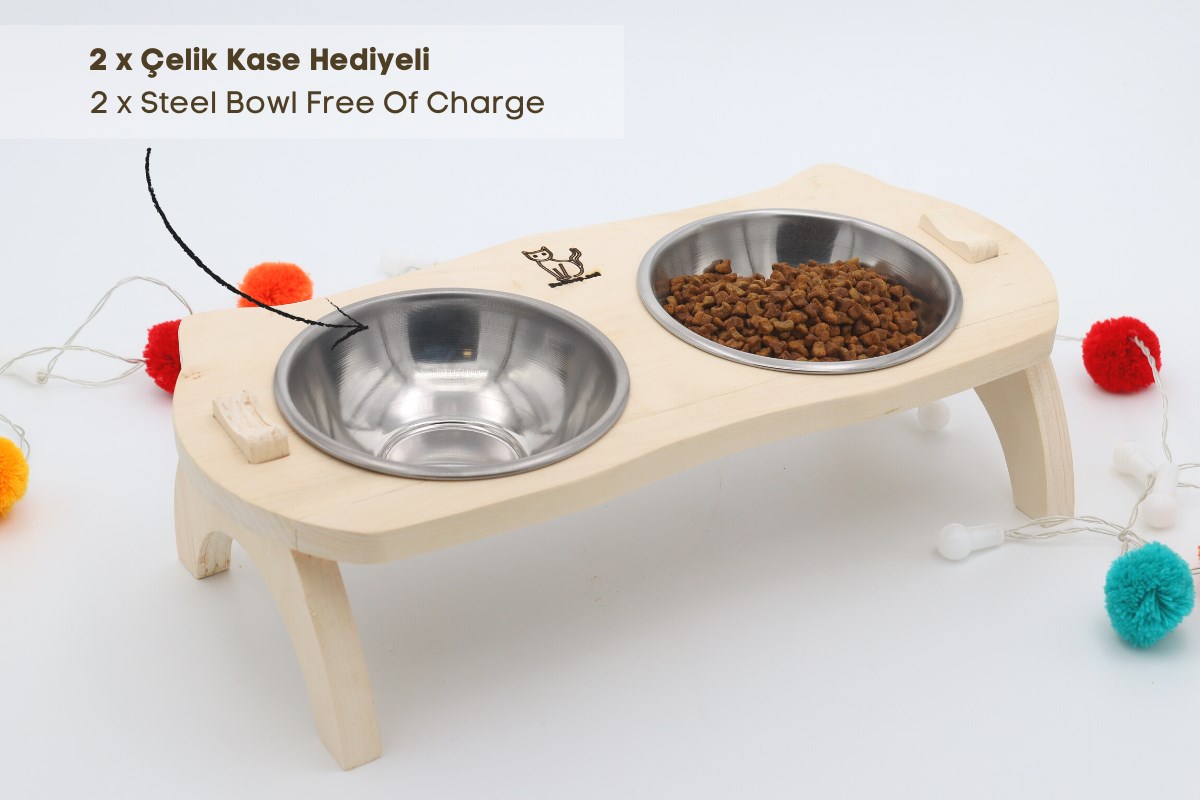 Kedi Köpek Mama Ve Su Kabı-Kaliteli  Çelik İki Adet Kase Hediyeli-Gerçek Ahşap-Ham Boyasız-BuShop Mızmız 
