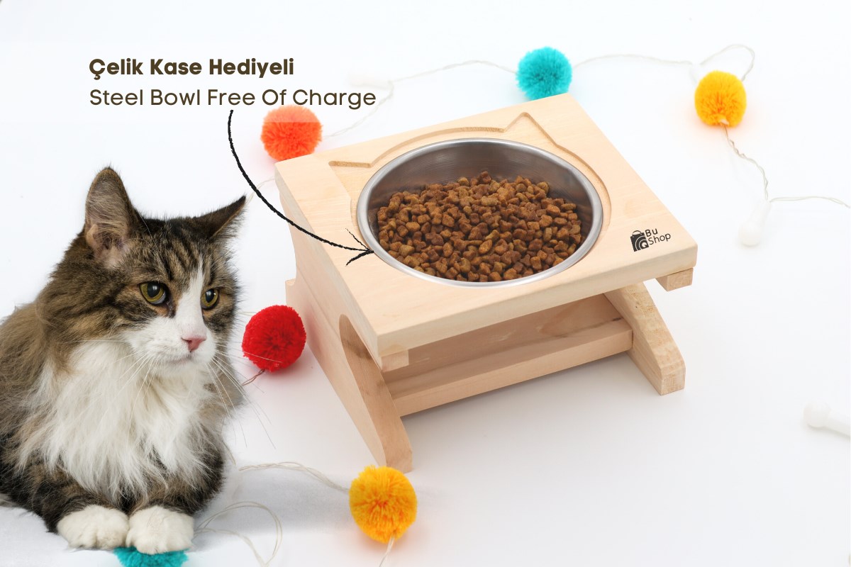 Kedi Köpek Mama Ve Su Kabı-Kaliteli Çelik Tek Kase Hediyeli-Gerçek Ham Ahşap-BuShop Katya 