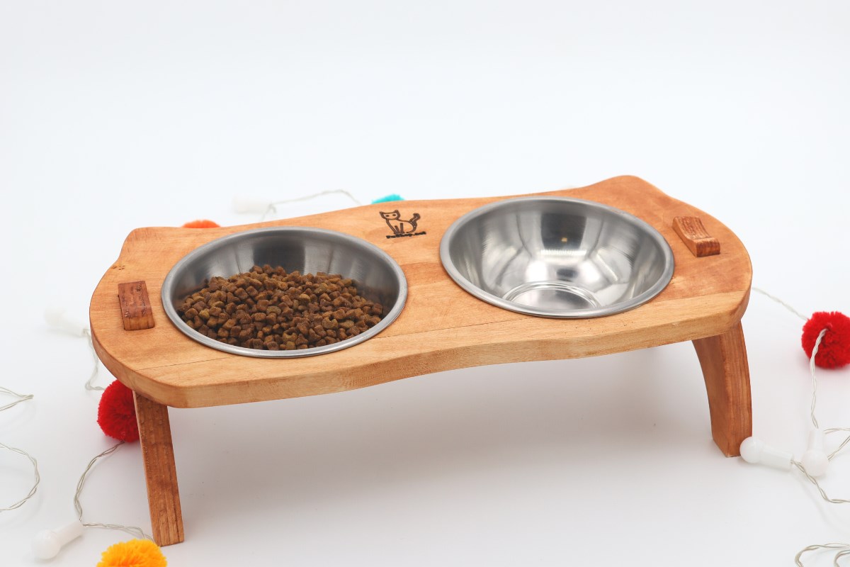 Kedi Köpek Mama Ve Su Kabı-Kaliteli  Çelik İki Adet Kase Hediyeli-Gerçek Ahşap-Armut Kiraz-BuShop Mızmız 
