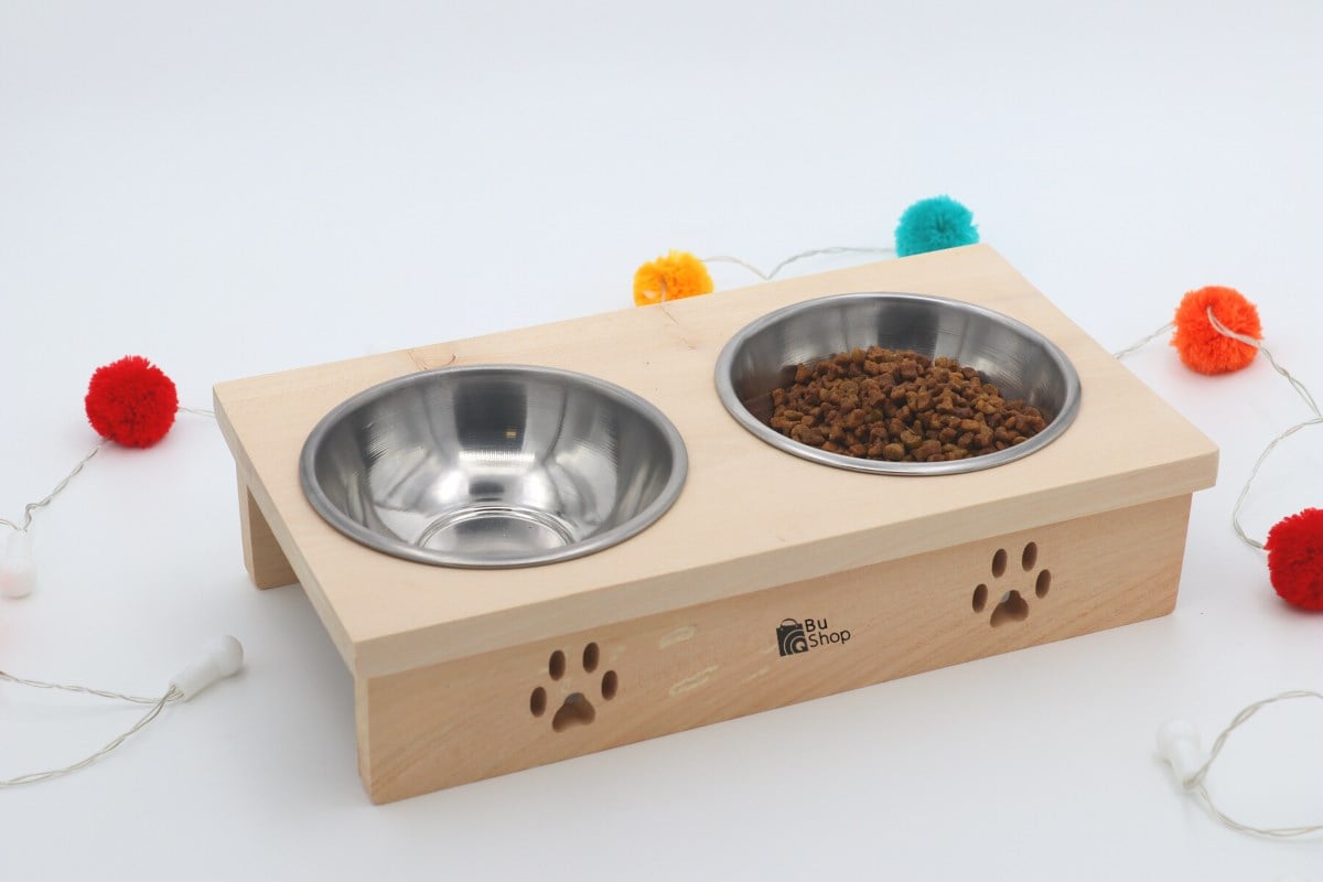 Kedi Köpek Mama Ve Su Kabı-Gerçek Ahşap + Kaliteli Çelik - İki Adet Kase - BuShop Yumak