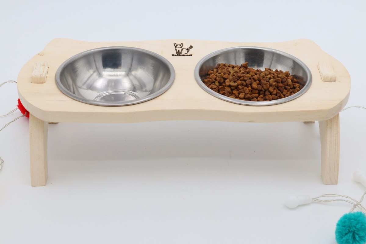 Kedi Köpek Mama Ve Su Kabı-Kaliteli  Çelik İki Adet Kase Hediyeli-Gerçek Ahşap-Ham Boyasız-BuShop Mızmız 