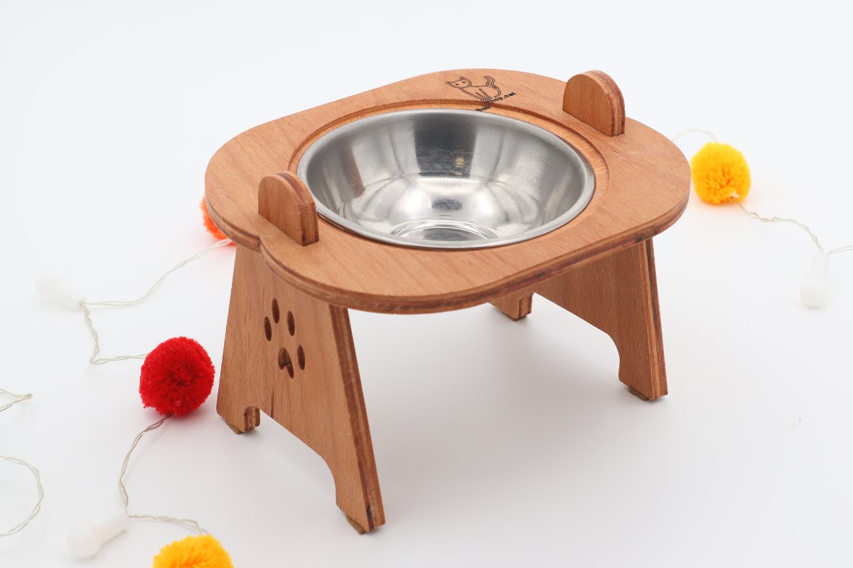 Kedi Köpek Mama Ve Su Kabı-Kaliteli  Çelik Bir Adet Kase Hediyeli-Kontraplak Ahşap-Armut Kiraz-BuShop Mişa 